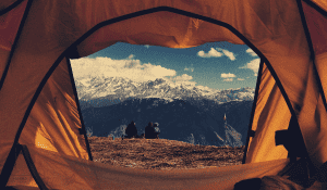 staring out of a tent at mountains