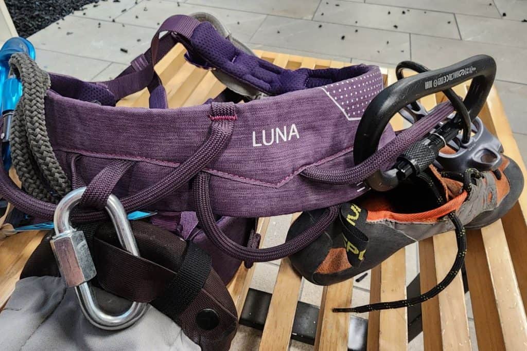 purple harness with other climbing gear