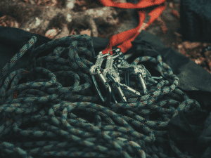 climbing rope and gear laid out