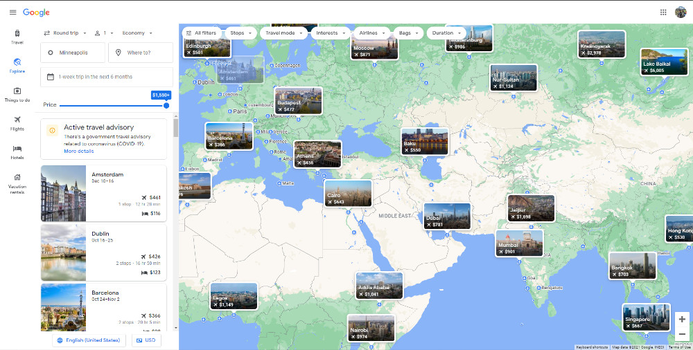 image of google flights map