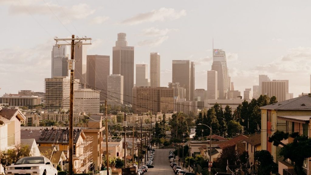 view of los angeles city and streets with pollution