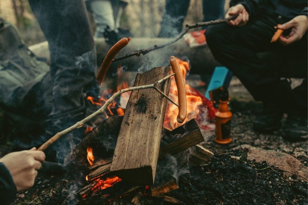 roasting hotdogs on sticks over a campfire