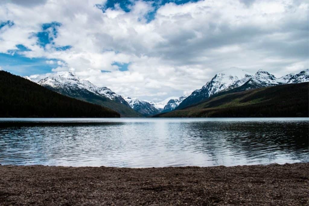 lake mountains snow capped clouds in sky