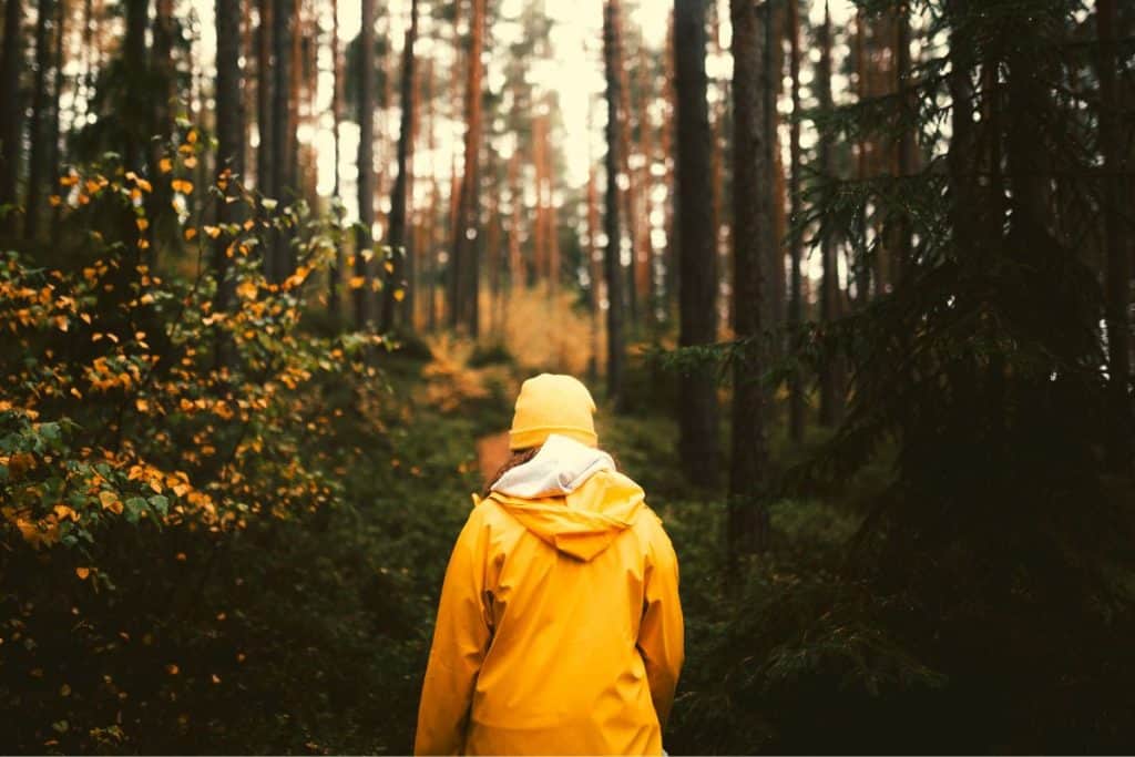 woman wearing yellow jacket and hat in forest