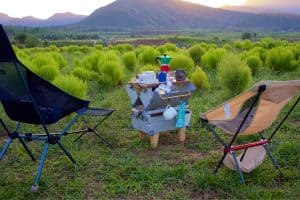 two chairs on a grassy plane wih a table