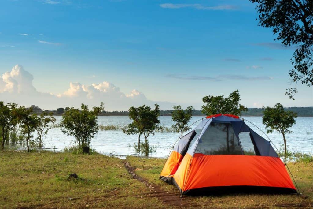 orange tent on grass by lake