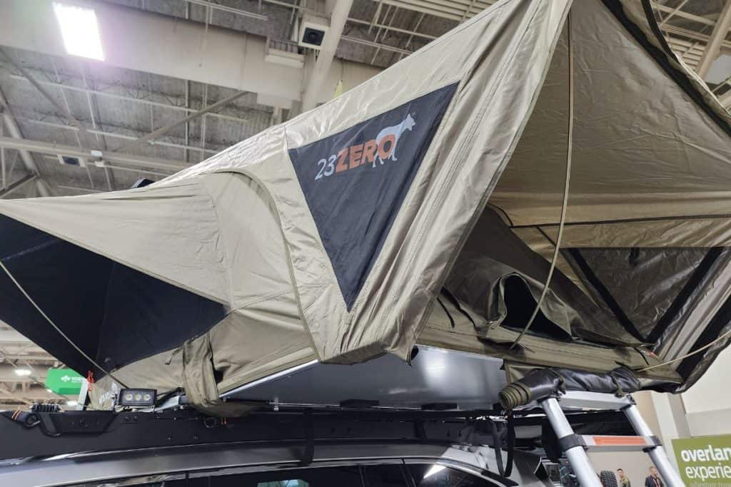 rooftop tent on a vehicle in a warehouse