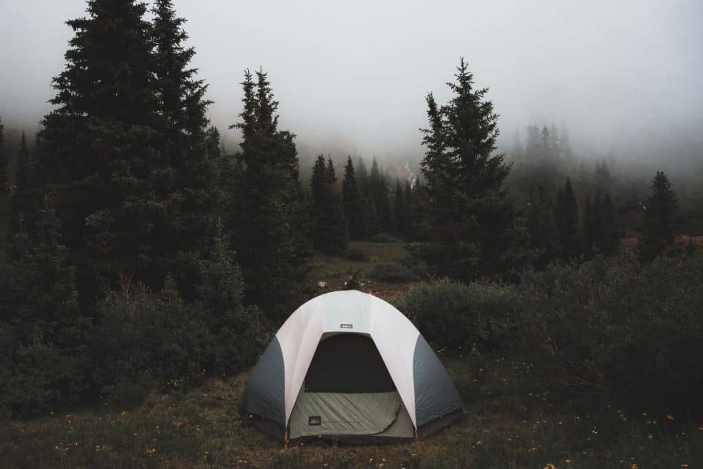 white and gray tent in a forest with cloudy skies