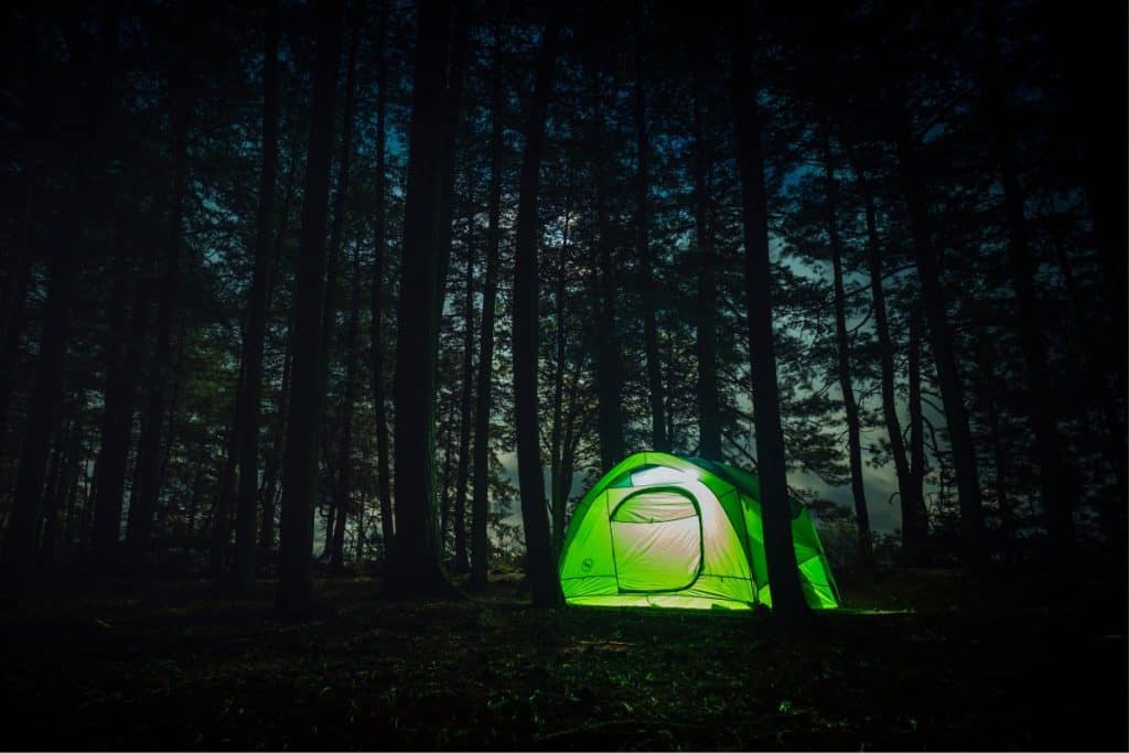 green tent lit up in a forest at night
