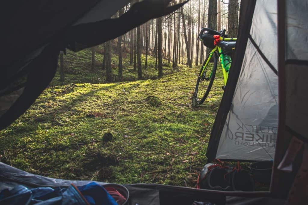 the inside of a tent, green grass, forest, green bike