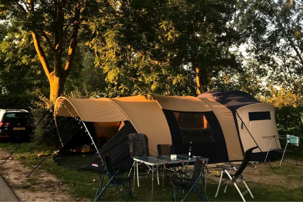 large tan tent with an extended vestibule