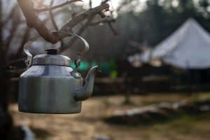 silver kettle hanging from a branch