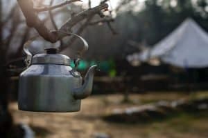 silver kettle hanging from a branch