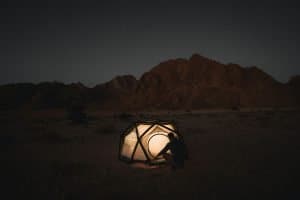 inflatable tent at night in the desert