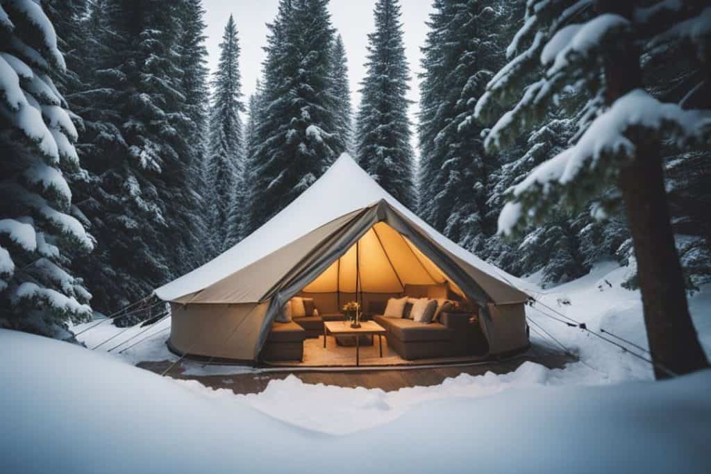 canvas tent in the winter among trees