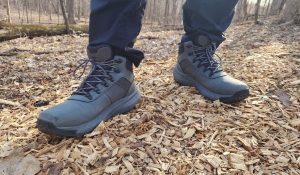 gray boots on a spring trail